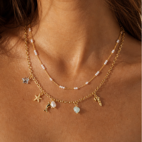 Collana doppia catena perle e ciondoli Delfino