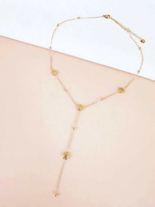 Collana a Y con fiori rosa in acciaio inossidabile