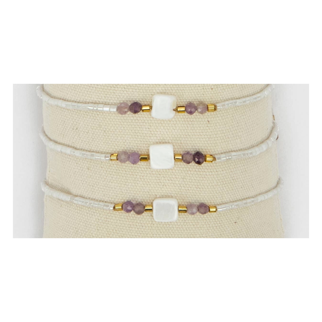 Bracciale Quadrato Vetro, Pietre e Perle Bianche
